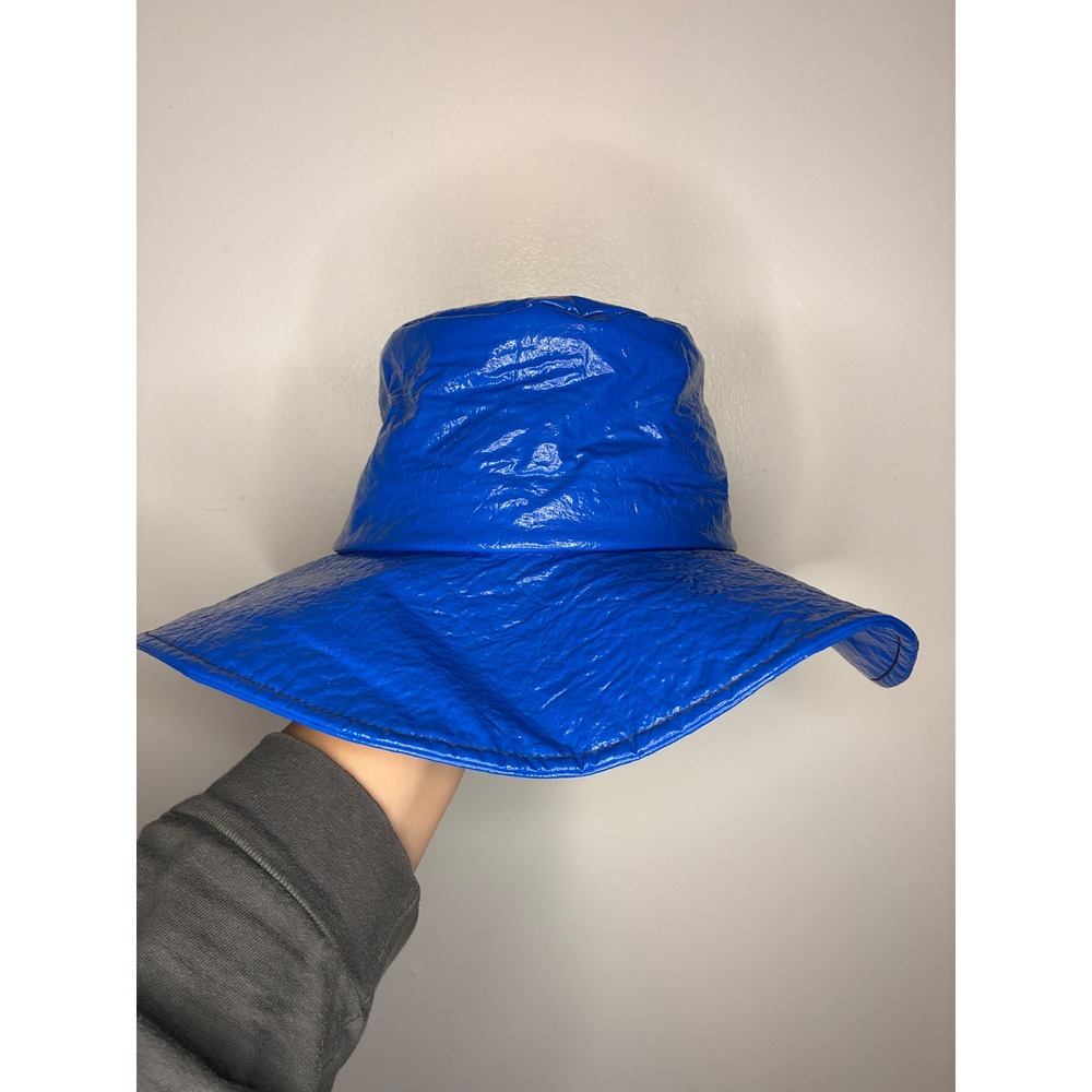 Union Made USA Vinyl Bucket Hat Blue Glossy Crinkle Wide Brim vtg UHCMW 60s 70s